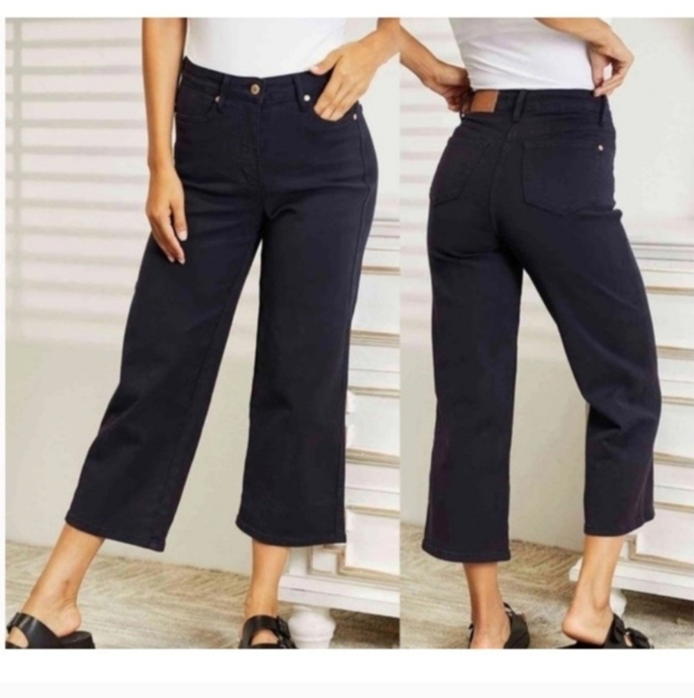 Judy Blue High Waisted Cropped Wide Leg Pants Navy Sz 7/28 Garment Dyed JB88807